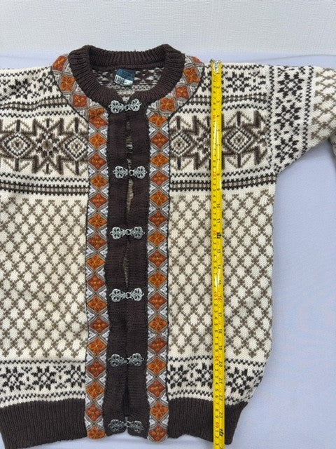 Dale of Norway Fair Isle Wool Cardigan Off White/Brown Crewneck Long Sleeve