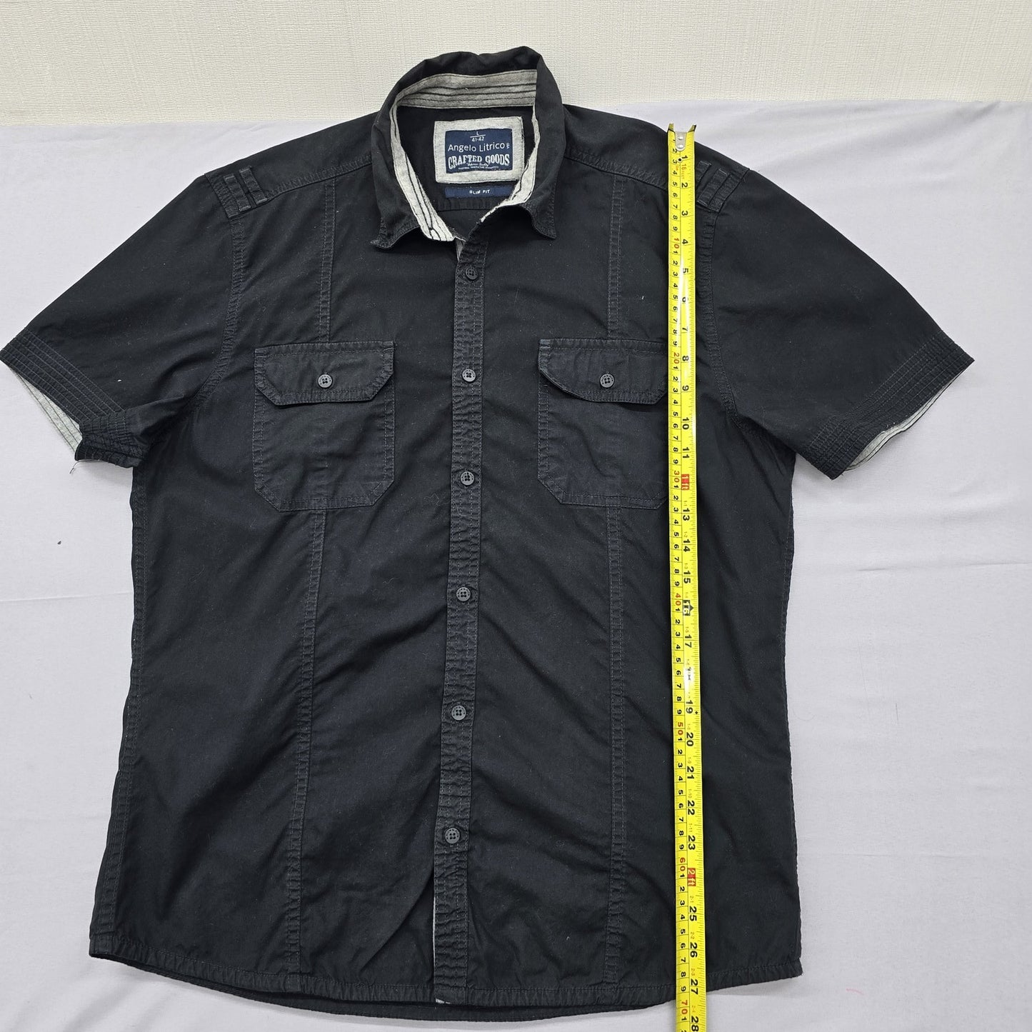 Angelo Litrico Black Cotton Slim Fit Short Sleeve Button-Up Shirt 41-42