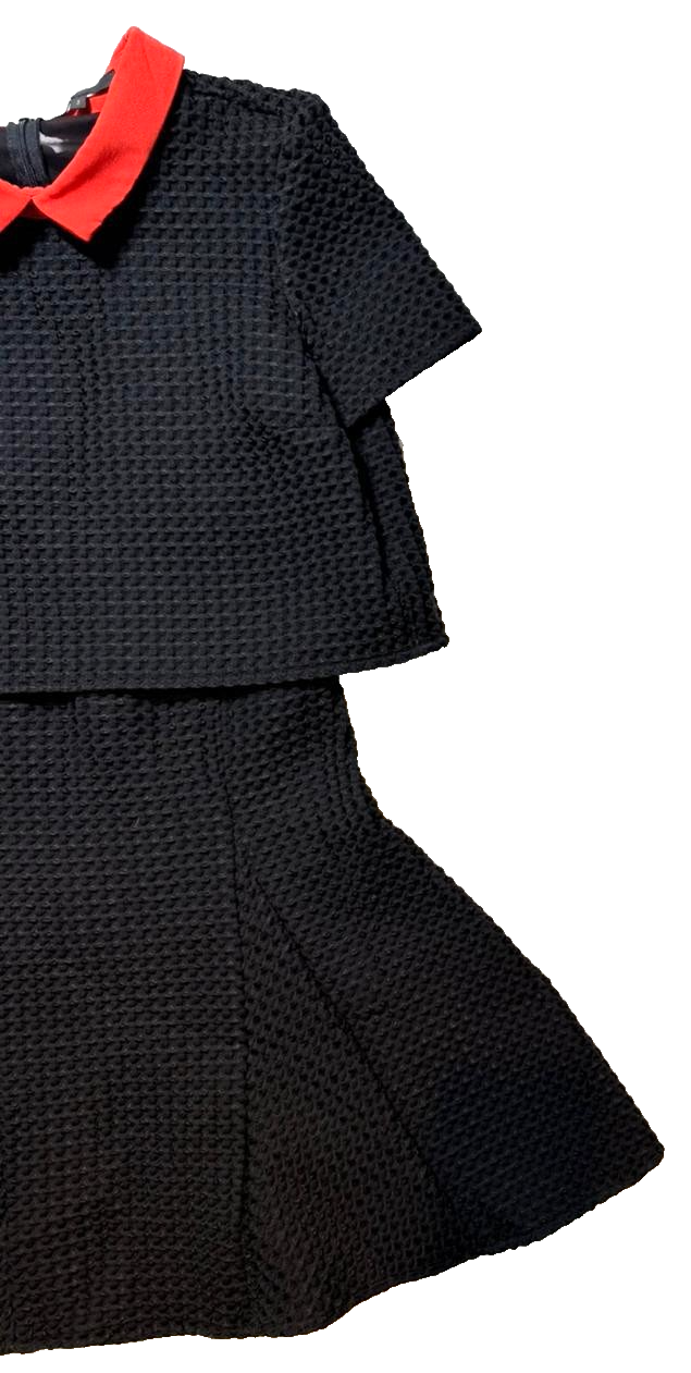 Maje Black Textured Knit Dress With Red Collar Short Sleeve Fit & Flare - Size 3