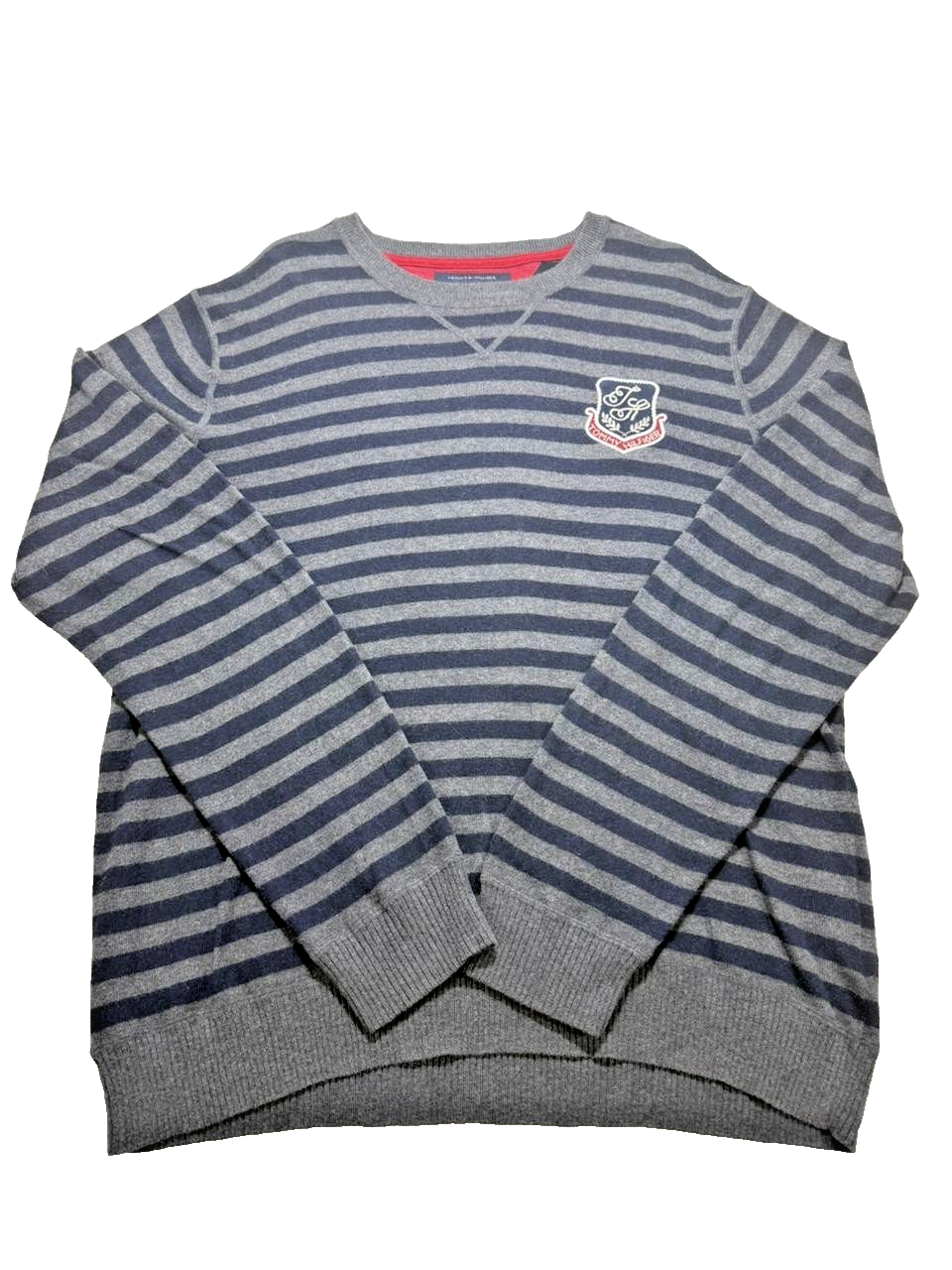 Tommy Hilfiger Men Premium Cotton Wool Stripe Sweater XL Blue Grey