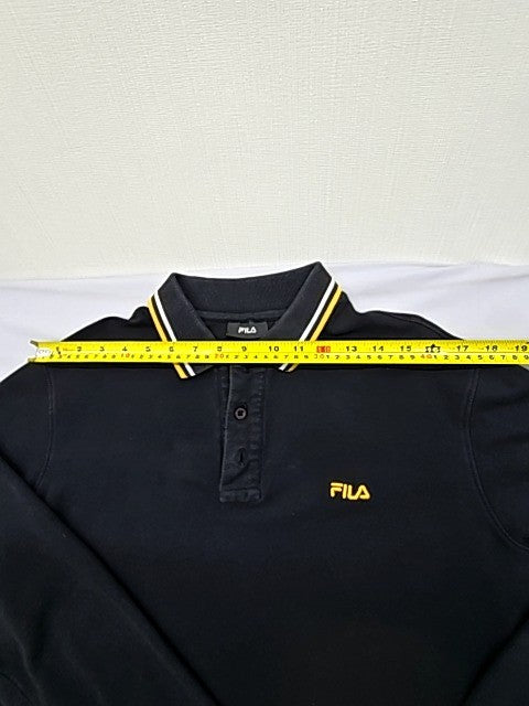 Fila Men's Black Long Sleeve Polo Shirt Size L Yellow Trim Cotton