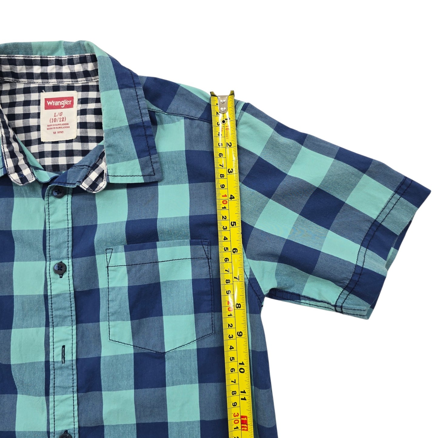 Wrangler Boys Gingham Check Short Sleeve Button-Up Shirt L Turquoise