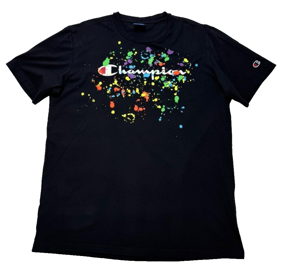 Champion Men's Black T-Shirt Short Sleeve Paint Splatter Logo Tee Casual Top