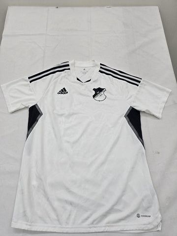 Adidas Men's White Striped Soccer Jersey L V-Neck Short Sleeve
