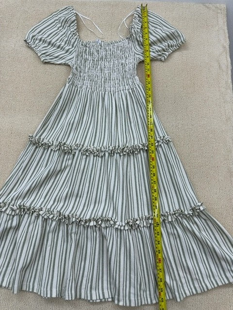 Ole by Koton XS Green Stripe Midi Dress Cotton Ruffle Short Sleeve