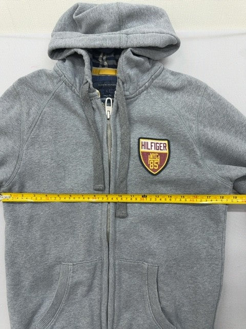 Tommy Hilfiger Grey Zip Hoodie S Vintage Fit Embroidered Patch Cotton Poly