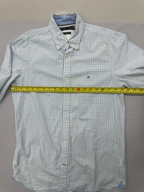 Tommy Hilfiger Men's Light Blue Gingham Slim Fit Long Sleeve Cotton Shirt M