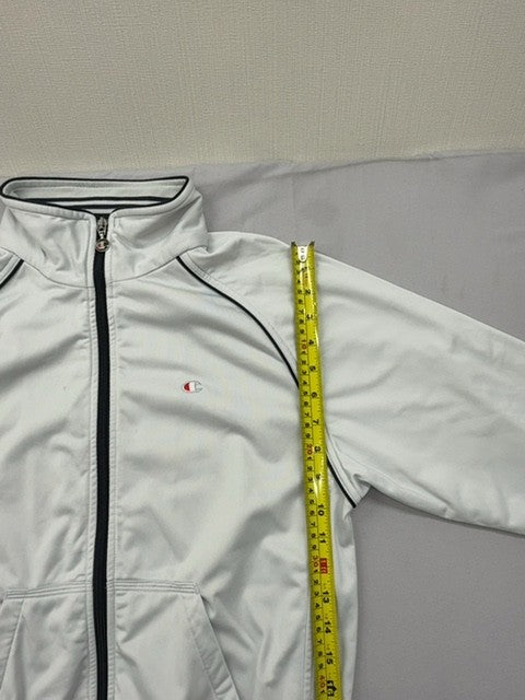 Champion Men's White Satin Track Jacket S Vintage Zip Navy Piping