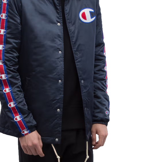 Champion Men's Navy Coach Jacket Logo Tape Sleeves Quilted Lining Size M