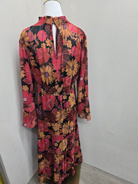 BHOC Size 10 Floral Midi Chiffon Long Sleeve Bell Dress Blk Coral