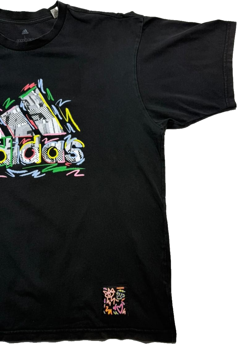 Adidas Men's Black Multi-Color Graffiti Graphic Logo T-Shirt Short Sleeve Size L