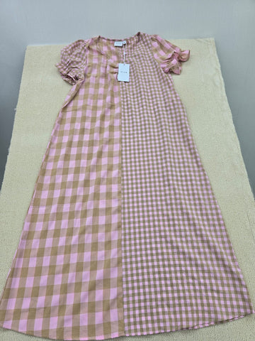 Vila Pink Beige Gingham Maxi Dress Short Puff Sleeve Round Neck M