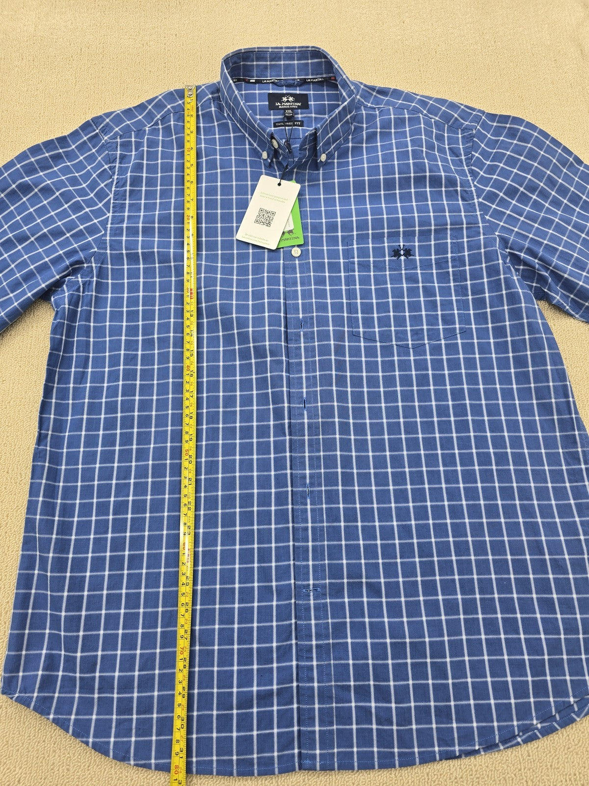 La Martina Men's XXL Blue Checked Cotton Dress Shirt Tailored Long Sleeve