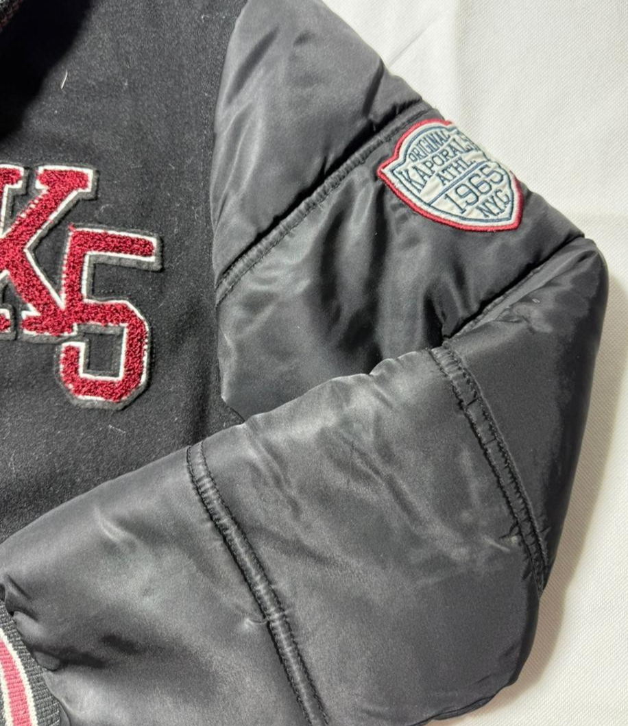 Kaporal K5 Varsity Bomber Jacket Black Men's Size 14 Patch Logo Puff Sleeves