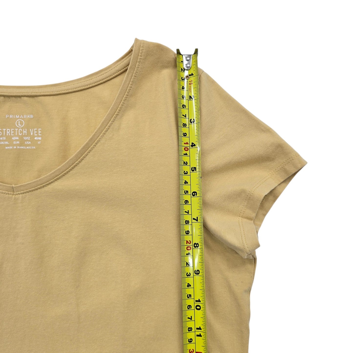 Primark Women's Yellow V-Neck Stretch T-Shirt Size 10/12 Short Sleeve