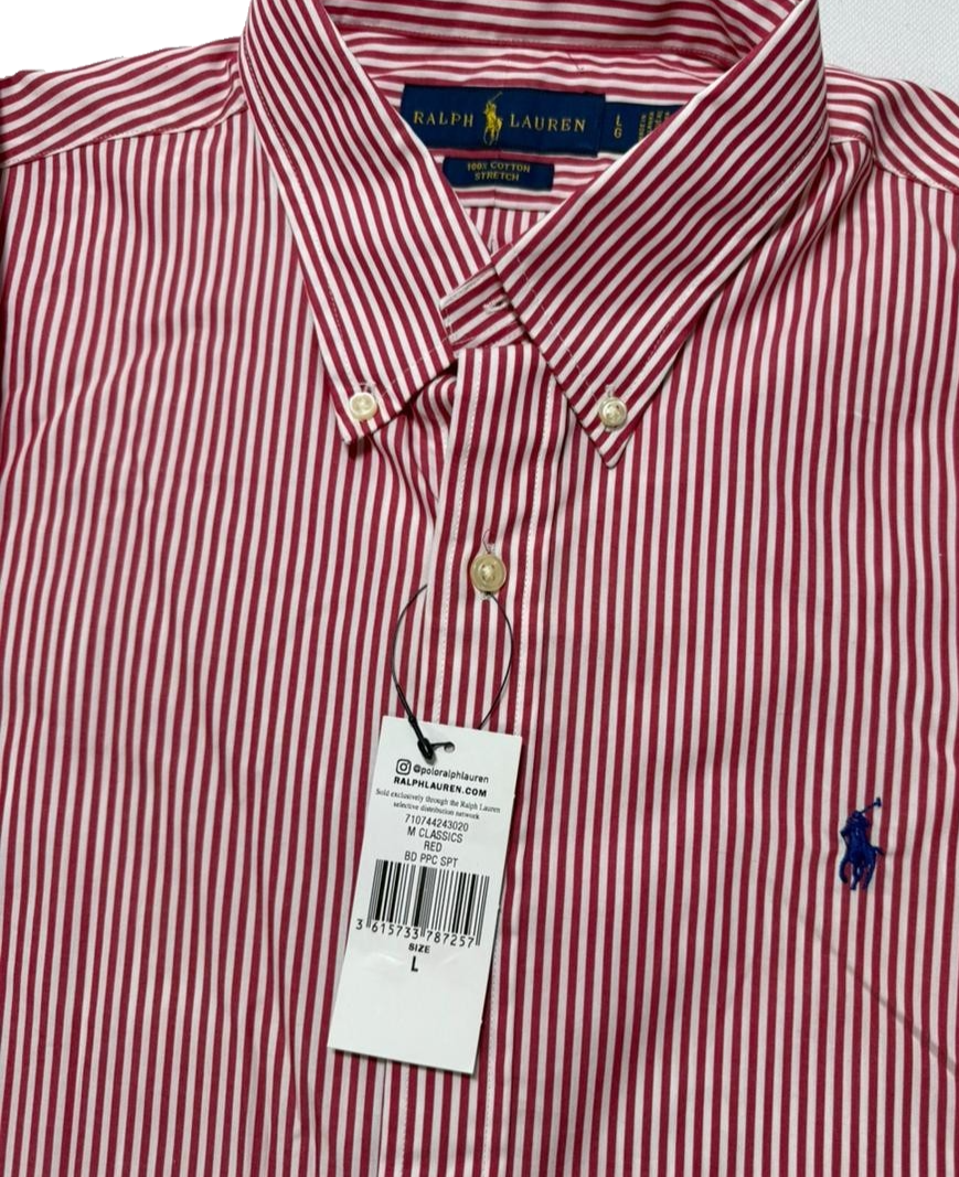 Ralph Lauren Men's Shirt Size L Red White Stripe Button Down Long Sleeve Classic