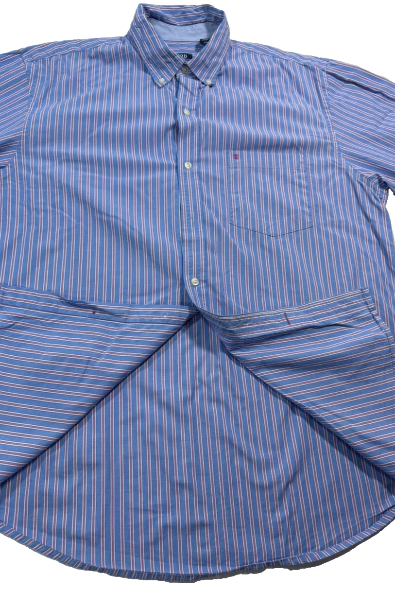 Izod Men's Blue Pink Striped Long Sleeve Button Shirt Size L