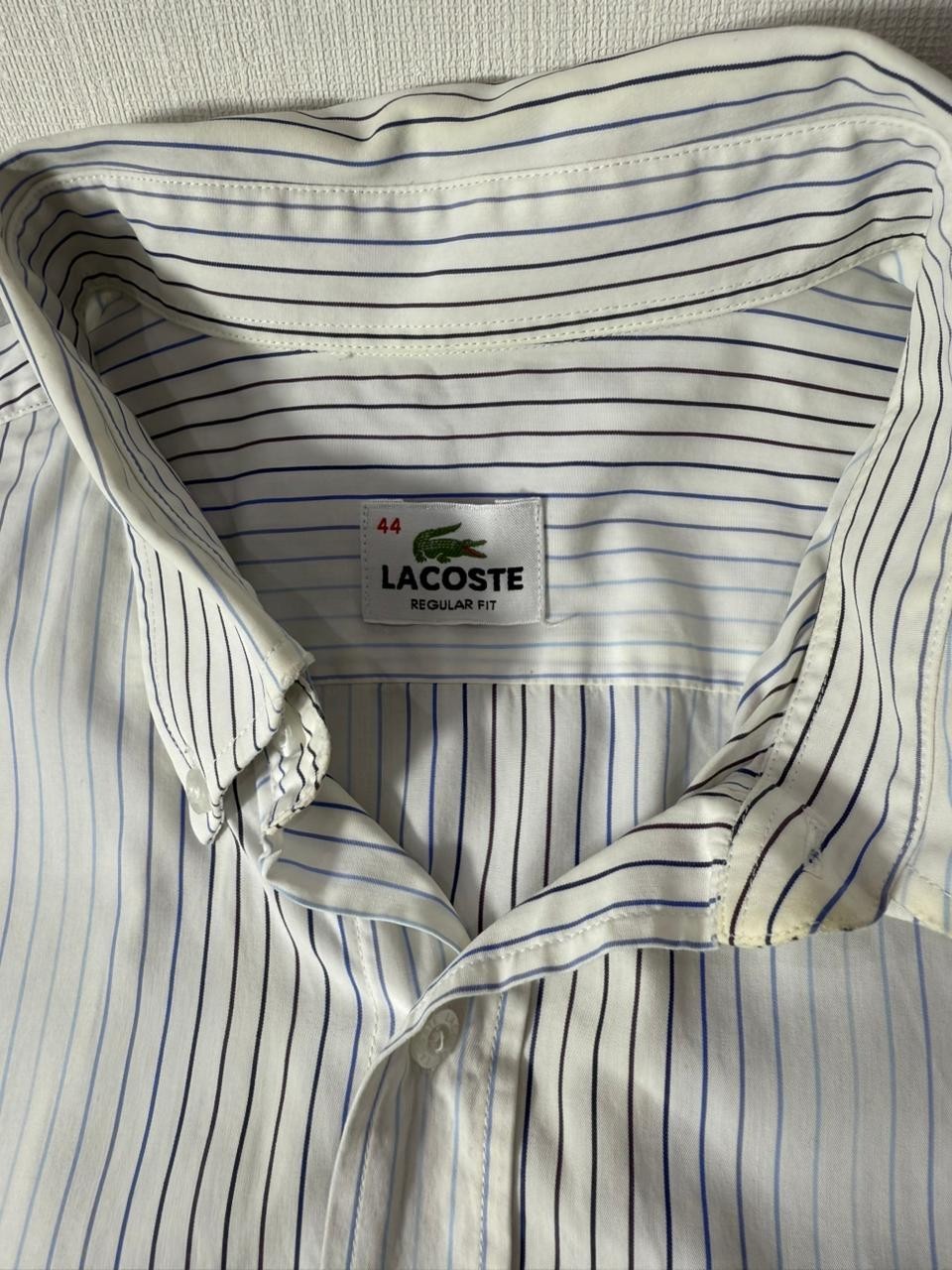 Lacoste Men's White Blue Striped Short Sleeve Button Down Shirt Size 44