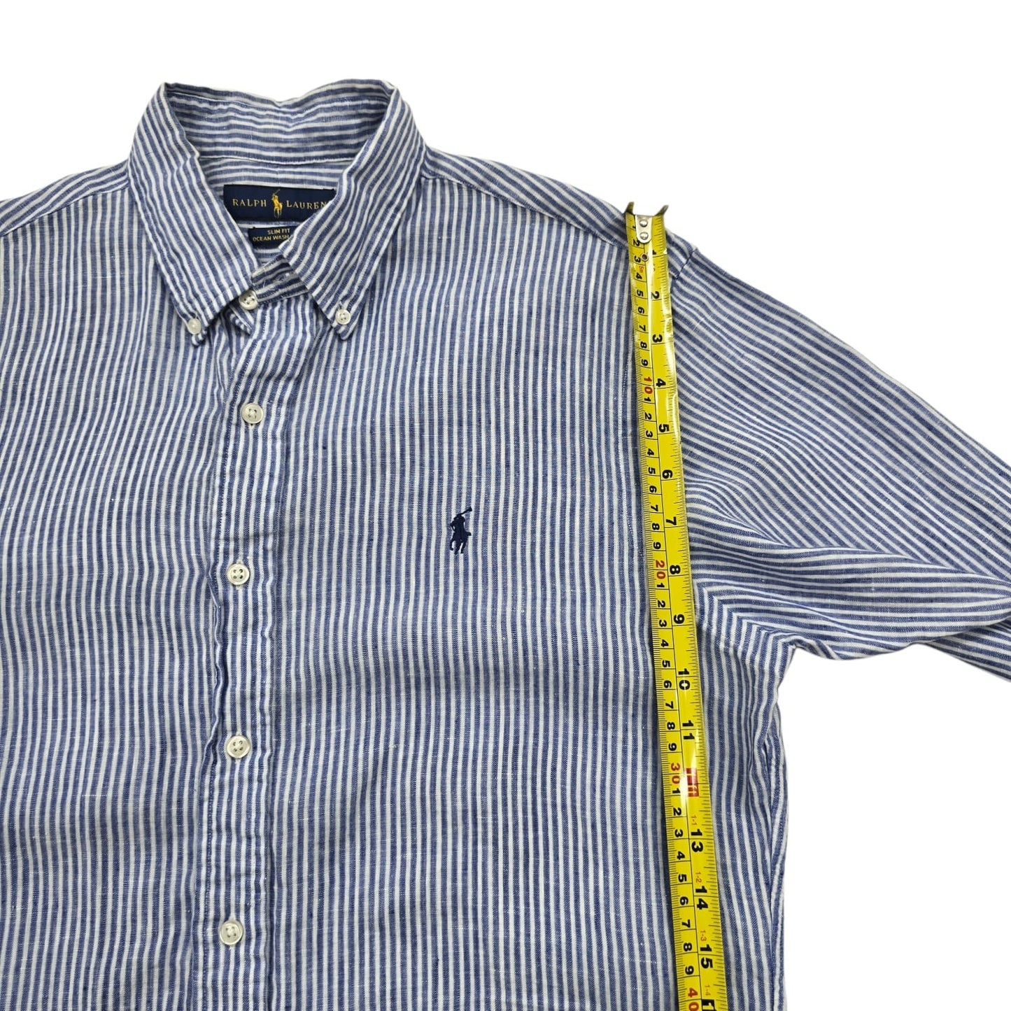 RALPH LAUREN Men's Blue White Striped Linen Shirt L Slim Fit