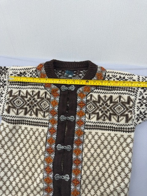 Dale of Norway Fair Isle Wool Cardigan Off White/Brown Crewneck Long Sleeve