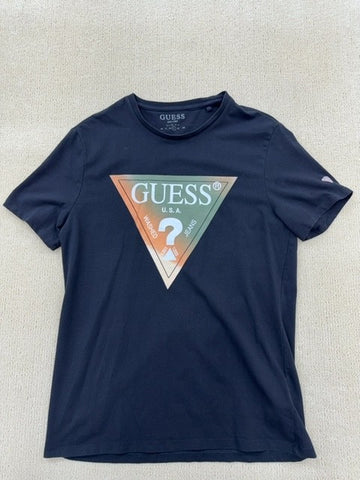 Guess Men's Navy Logo Slim Fit T-Shirt Size L Cotton