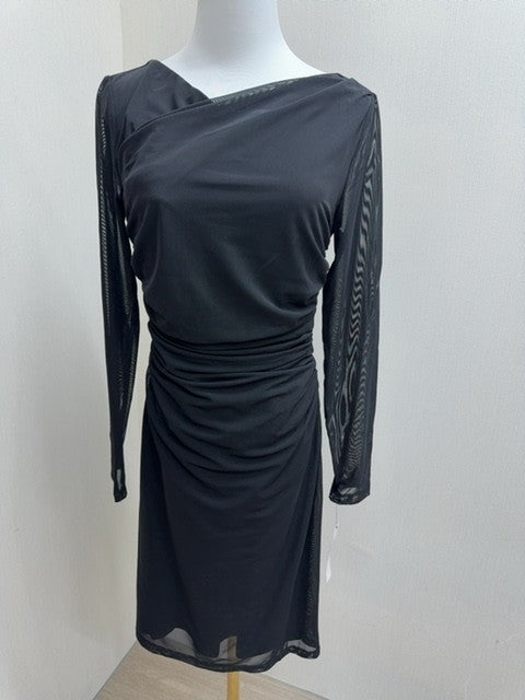 Maggy London Size 6 Black Ruched Sheath Cocktail Dress Long Sleeve