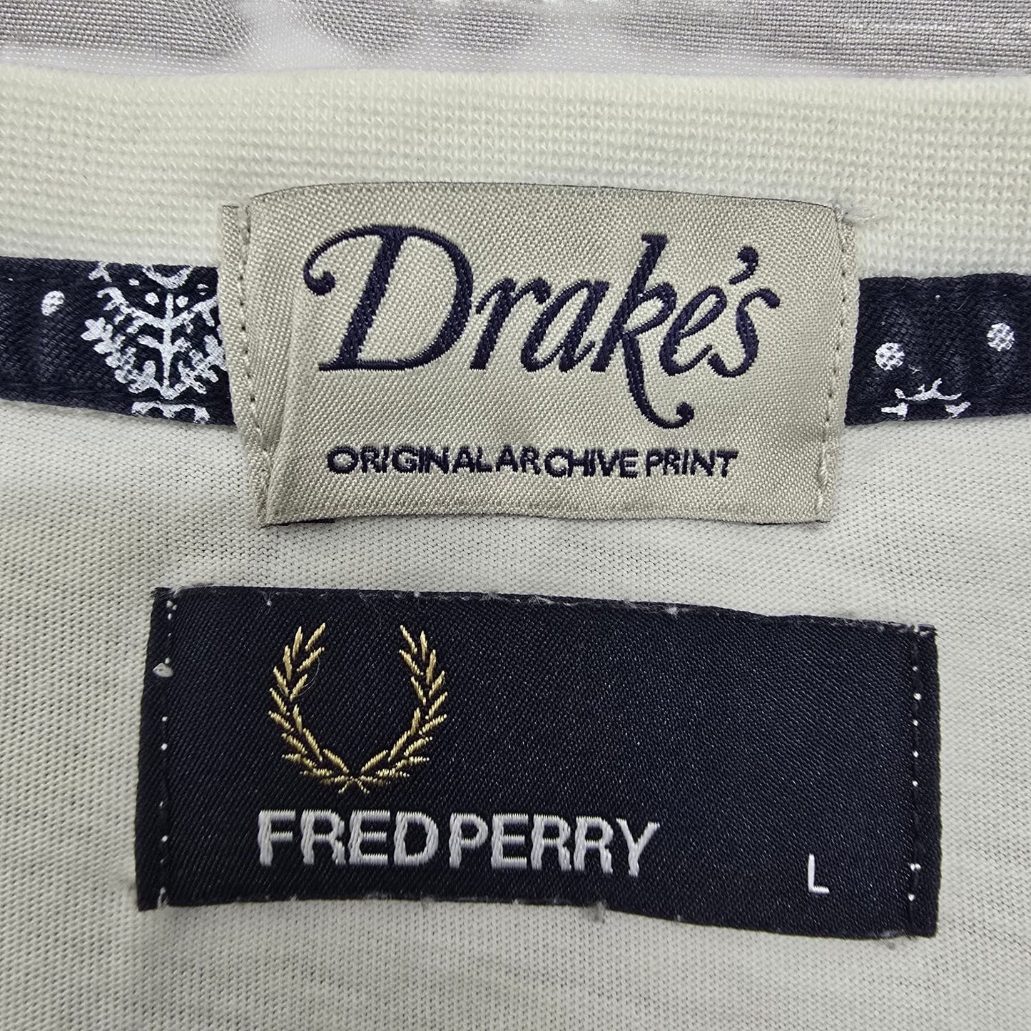 Fred Perry x Drake's Men's White Paisley T-Shirt L Regular Cotton