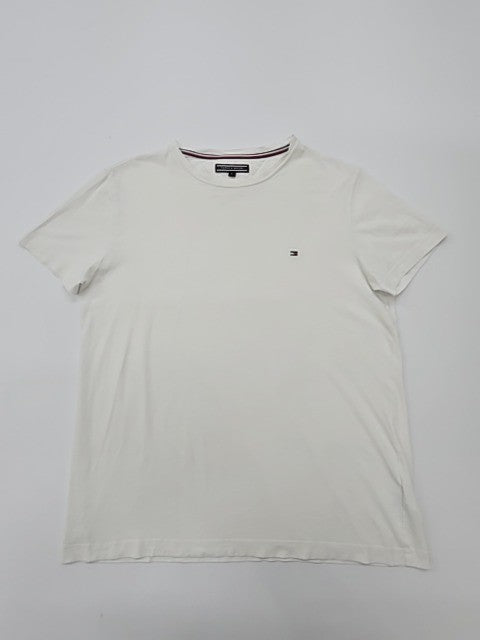 Tommy Hilfiger Men's White T-Shirt – Size L, Logo, Crew Neck