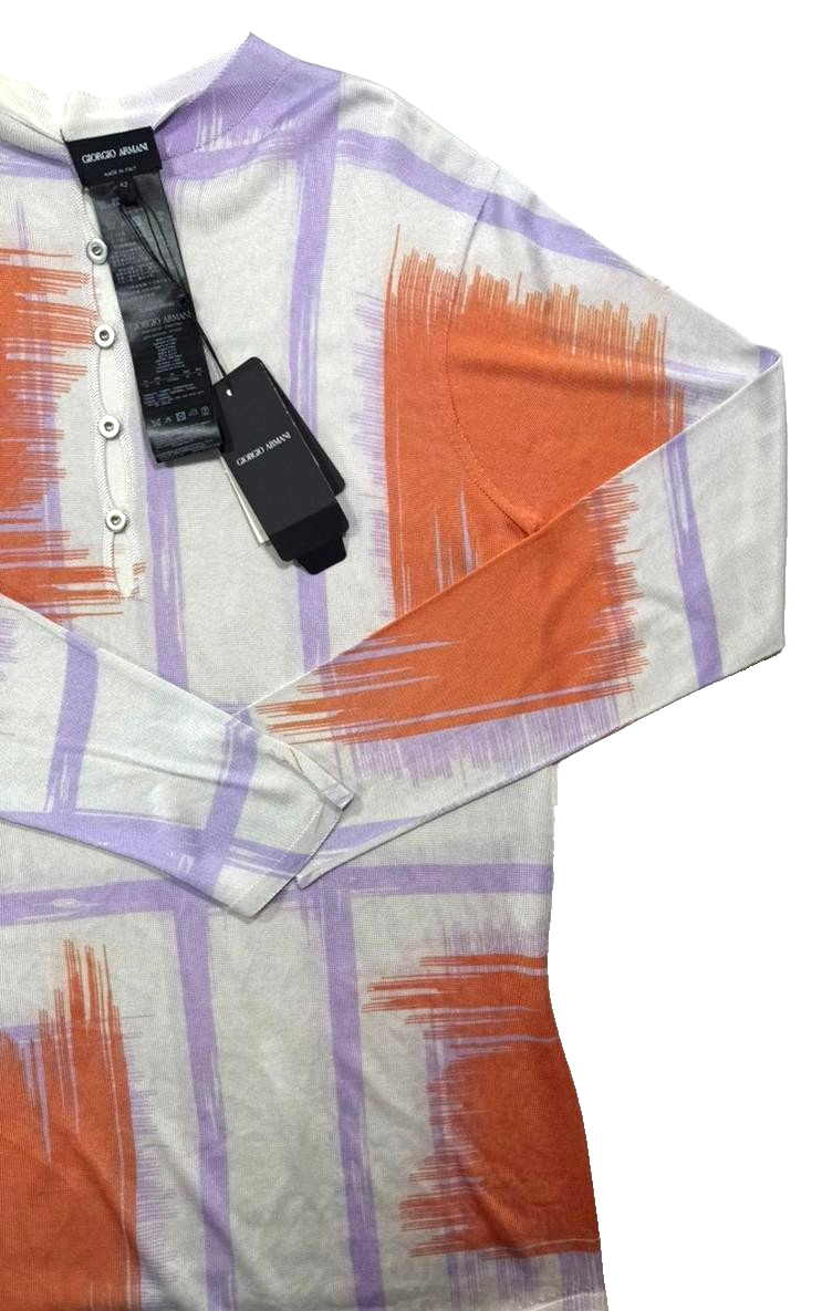 BNWT Giorgio Armani Orange Purple Grid Print Jersey Button V-Neck - Size 42