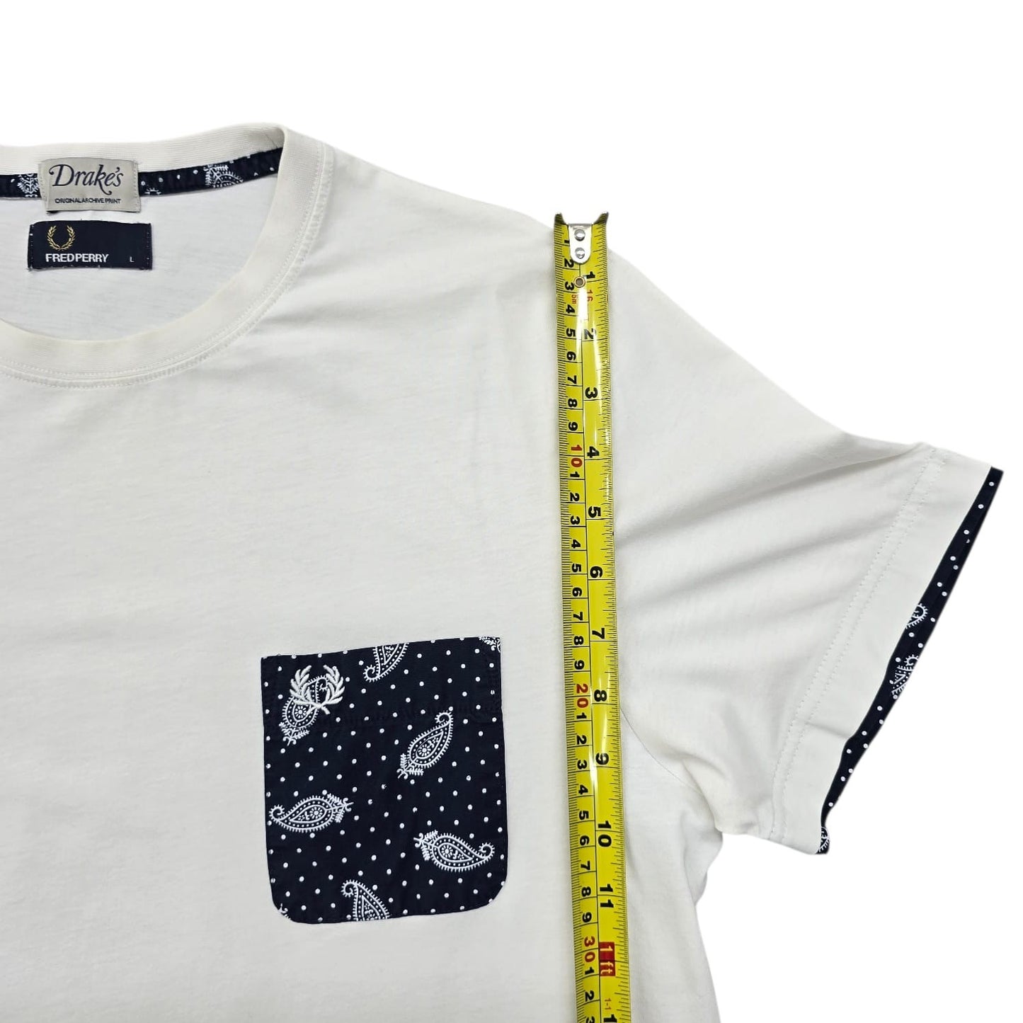 Fred Perry x Drake's Men's White Paisley T-Shirt L Regular Cotton