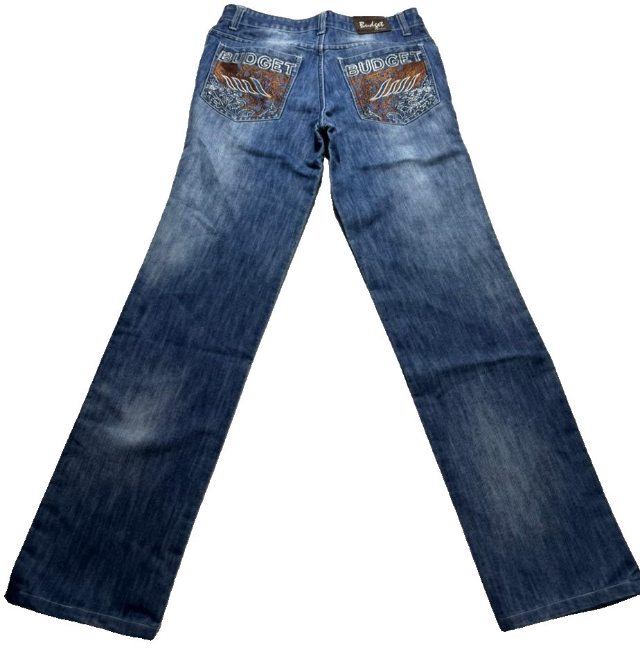 Budget Men's Faded Denim Jeans - Embroidered Back Pockets, Straight Leg, Size 36