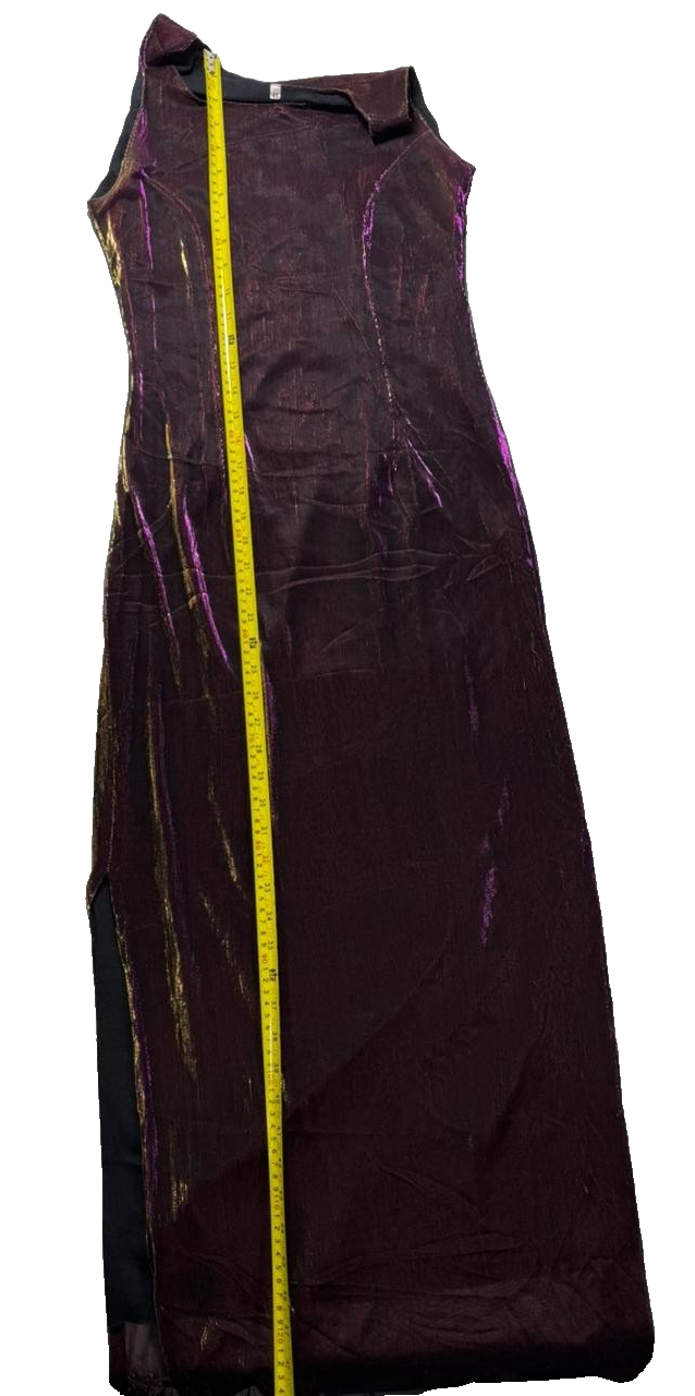 Vintage Metallic Sheer Sleeveless Dress Burgundy Gold Purple Shimmer Overlay