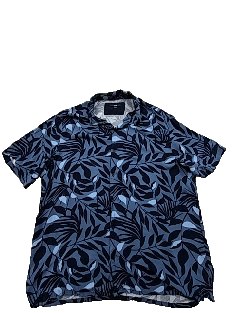 Kiabi Men's Navy Button-Down Shirt XXL Short Sleeve Leaf Pattern