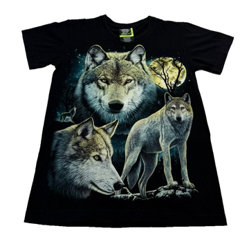 Black Wolf Graphic T-Shirt Moon Wildlife Nature Print Short Sleeve Size S