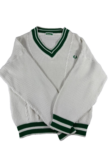 Fred Perry Men's Medium V Neck Knit Sweater White Green Tennis Made in England