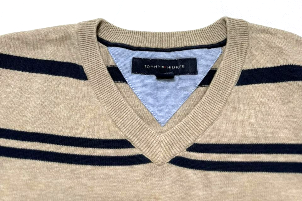 Tommy Hilfiger Men's Cotton V-Neck Sweater In A Beige And Navy Blue Stripes