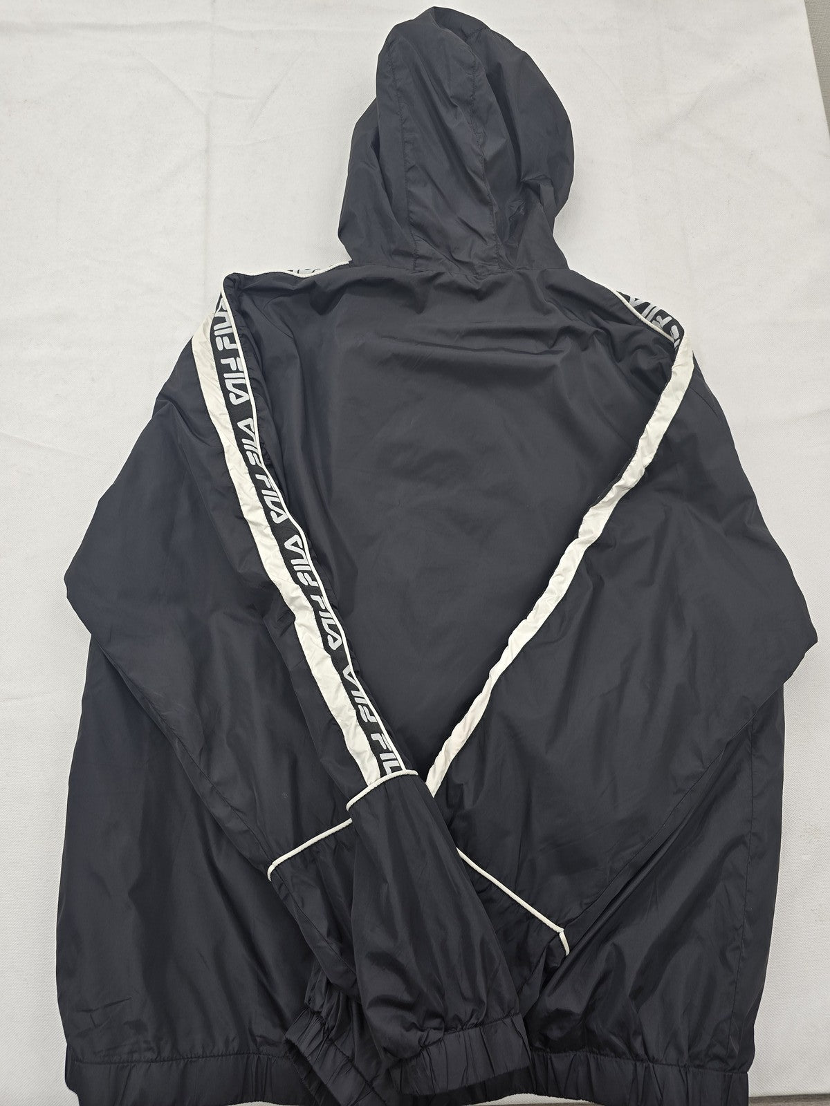 Fila Men's XL Black Hooded Rain Windbreaker White Stripes Zip Pockets