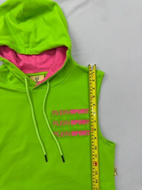 Plein Sport Green Fluo Sleeveless Tiger Hoodie S Men Cotton Fleece
