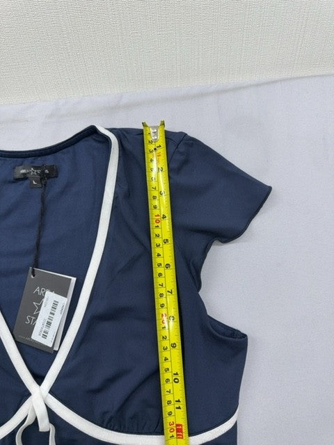 Area Stars Navy V-Neck Midi Dress L Side Tie Women Short Sleeve
