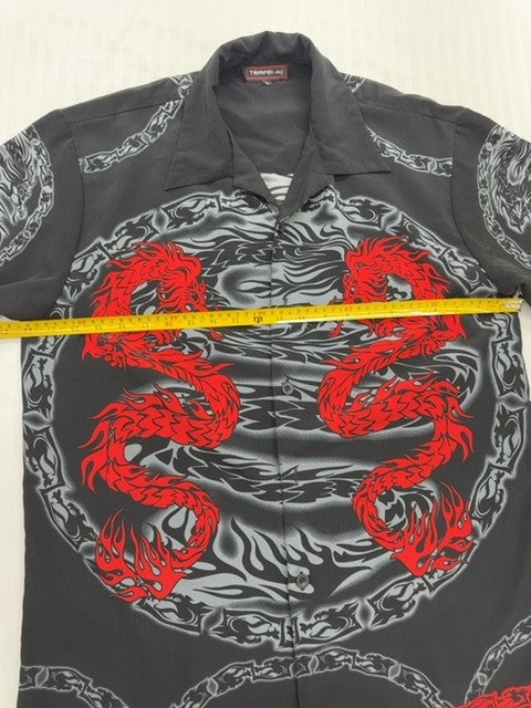 Tempel Men's Black Dragon Embroidered Bowling Shirt L