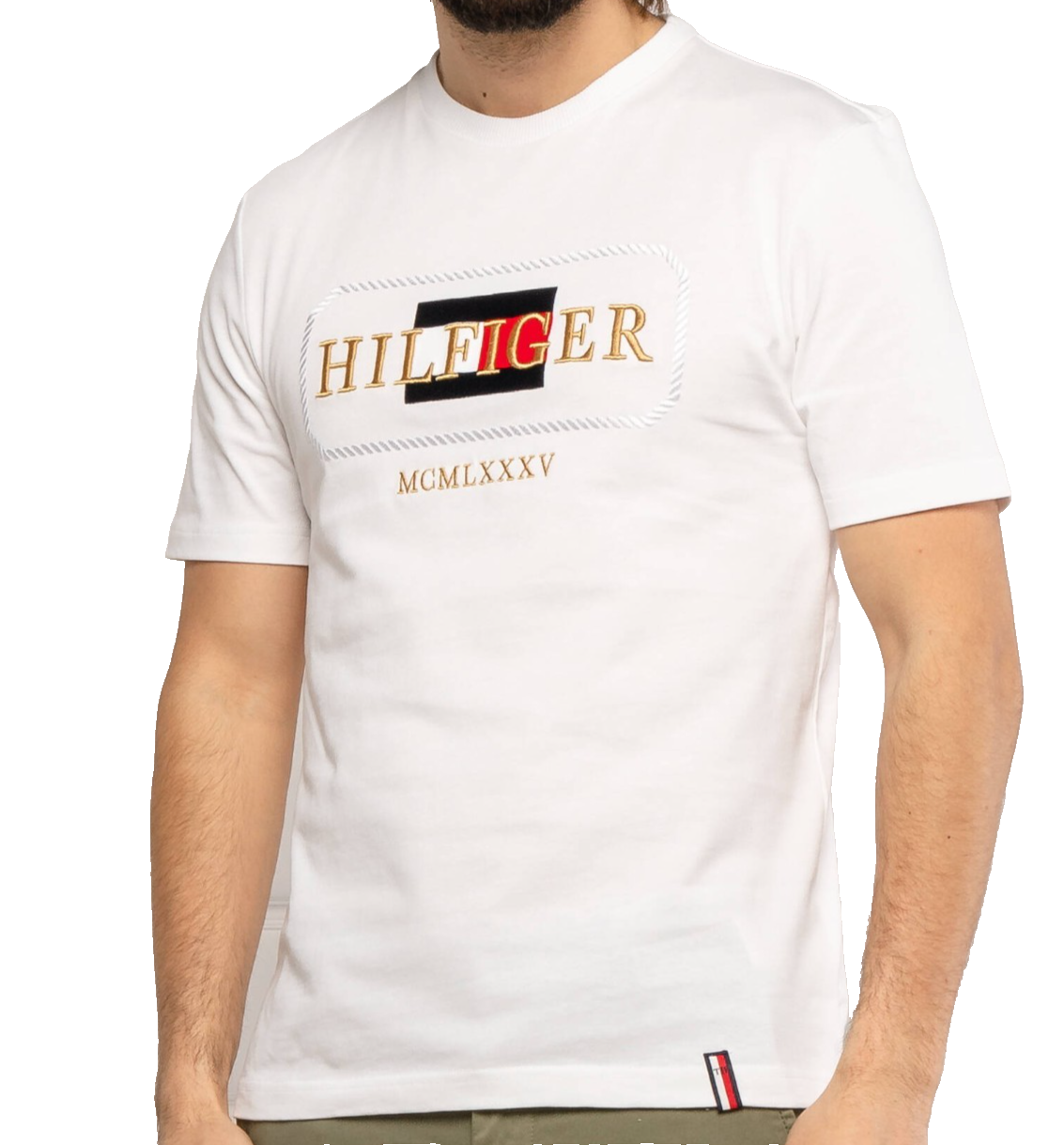 Tommy Hilfiger Men's White T-Shirt Size L Embroidered Logo Mcmlxxxv Casual Tee