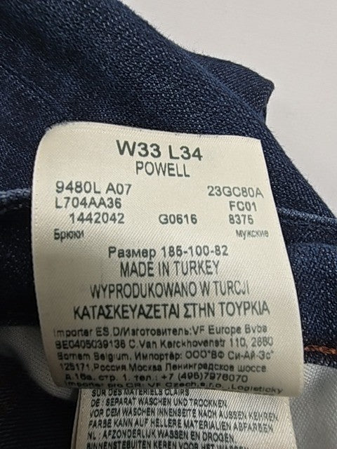 Lee Men's Straight Dark Blue Jeans W33 L34 Powell 5-Pocket Mid Rise
