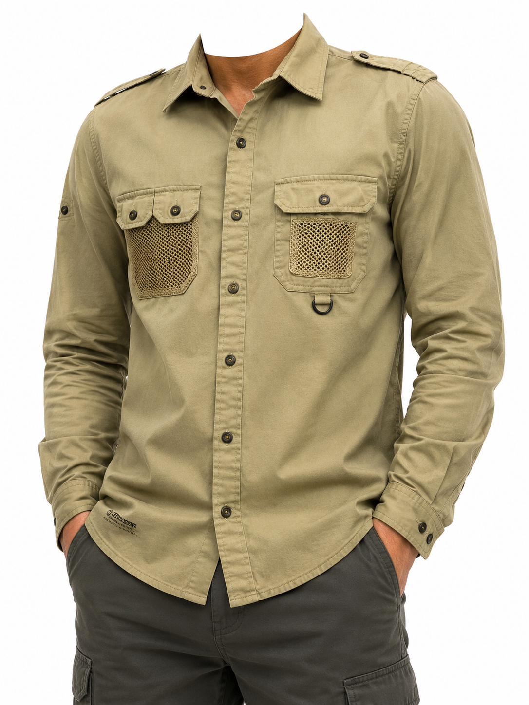 Boys Olive Cotton Canvas Button-Up Shirt Long Sleeve Pockets Size Regular Used