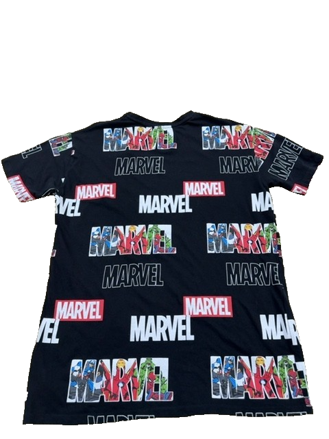 Marvel All Over Print Black Cotton T-Shirt Short Sleeve Crew Neck