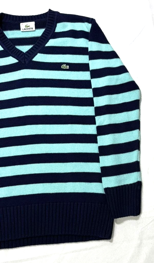 Lacoste V-Neck Sweater Striped Stripes Long Sleeve - Size 40