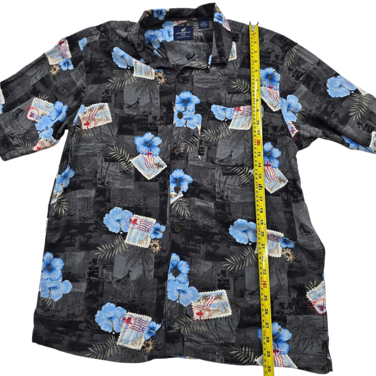 Caribbean Joe Men's Black Floral Hawaiian Shirt Size L