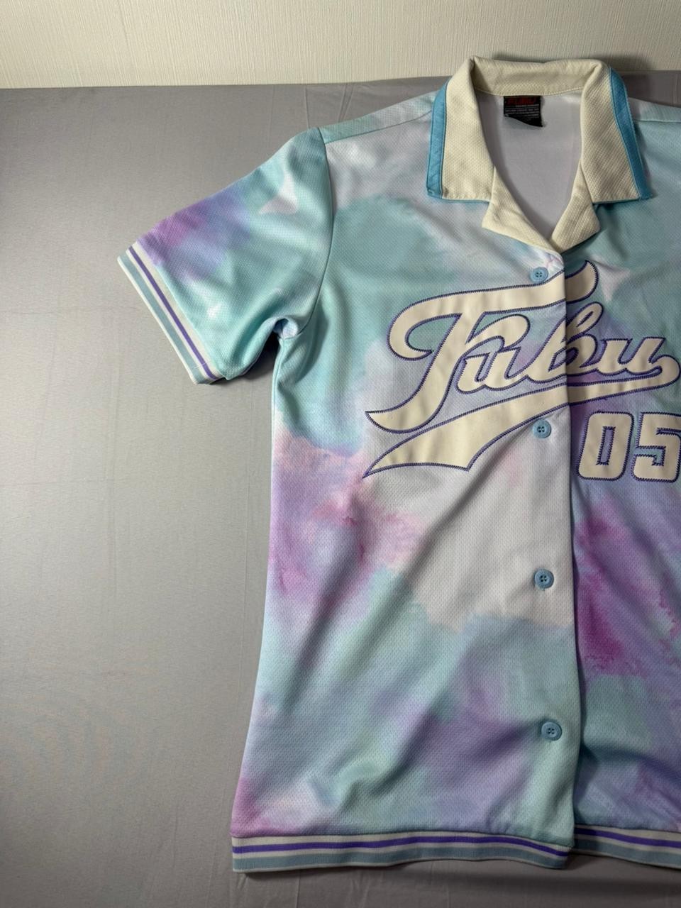 FUBU Button Up Baseball Jersey Shirt Men's Size S Pastel Tie Dye