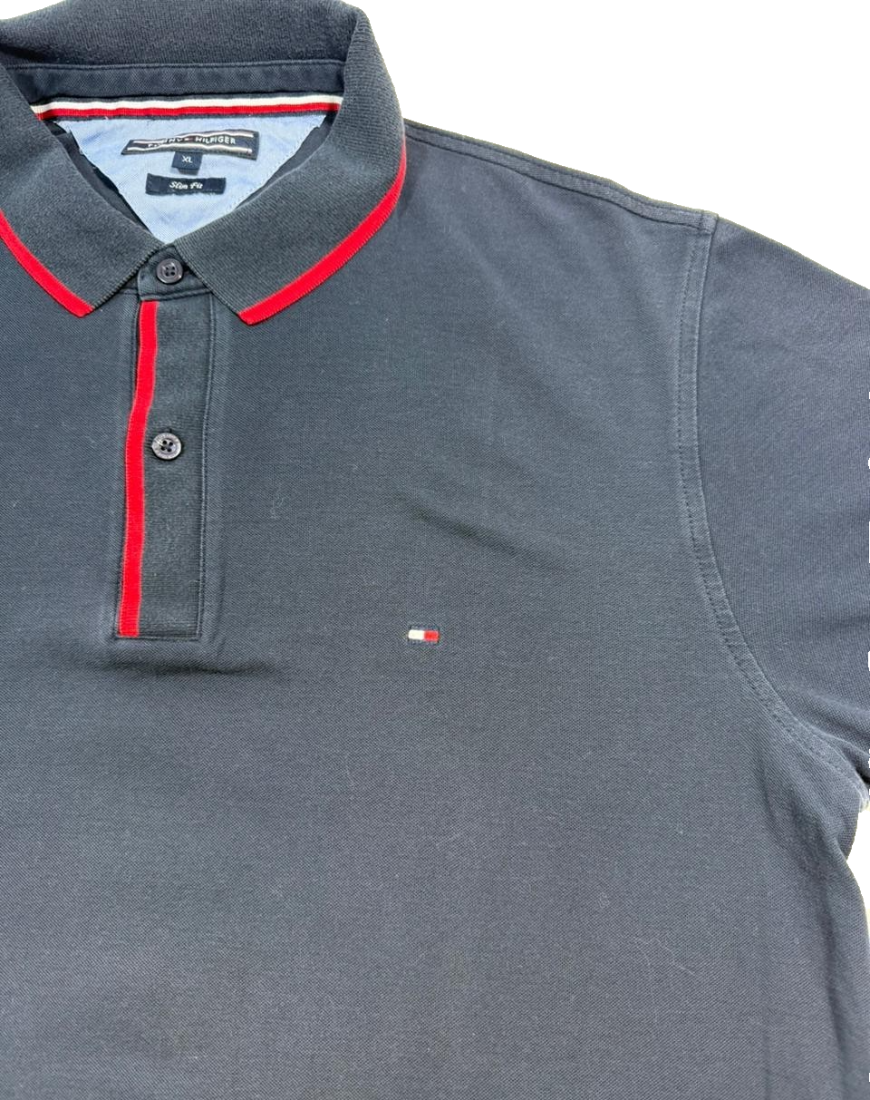 Tommy Hilfiger Men's Navy Blue Slim Fit Polo Shirt Red Trim Size XL