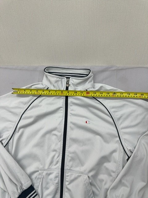 Champion Men's White Satin Track Jacket S Vintage Zip Navy Piping