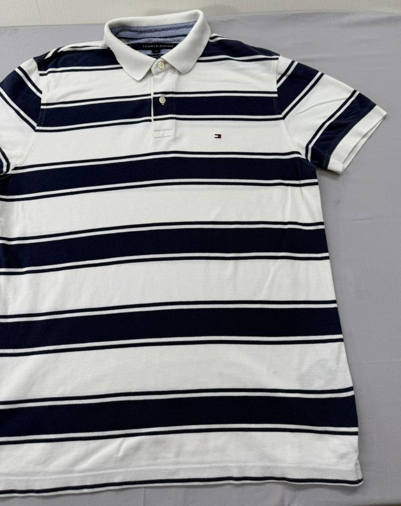 Tommy Hilfiger Men's Navy Stripe Polo Shirt Size L Custom Fit Cotton